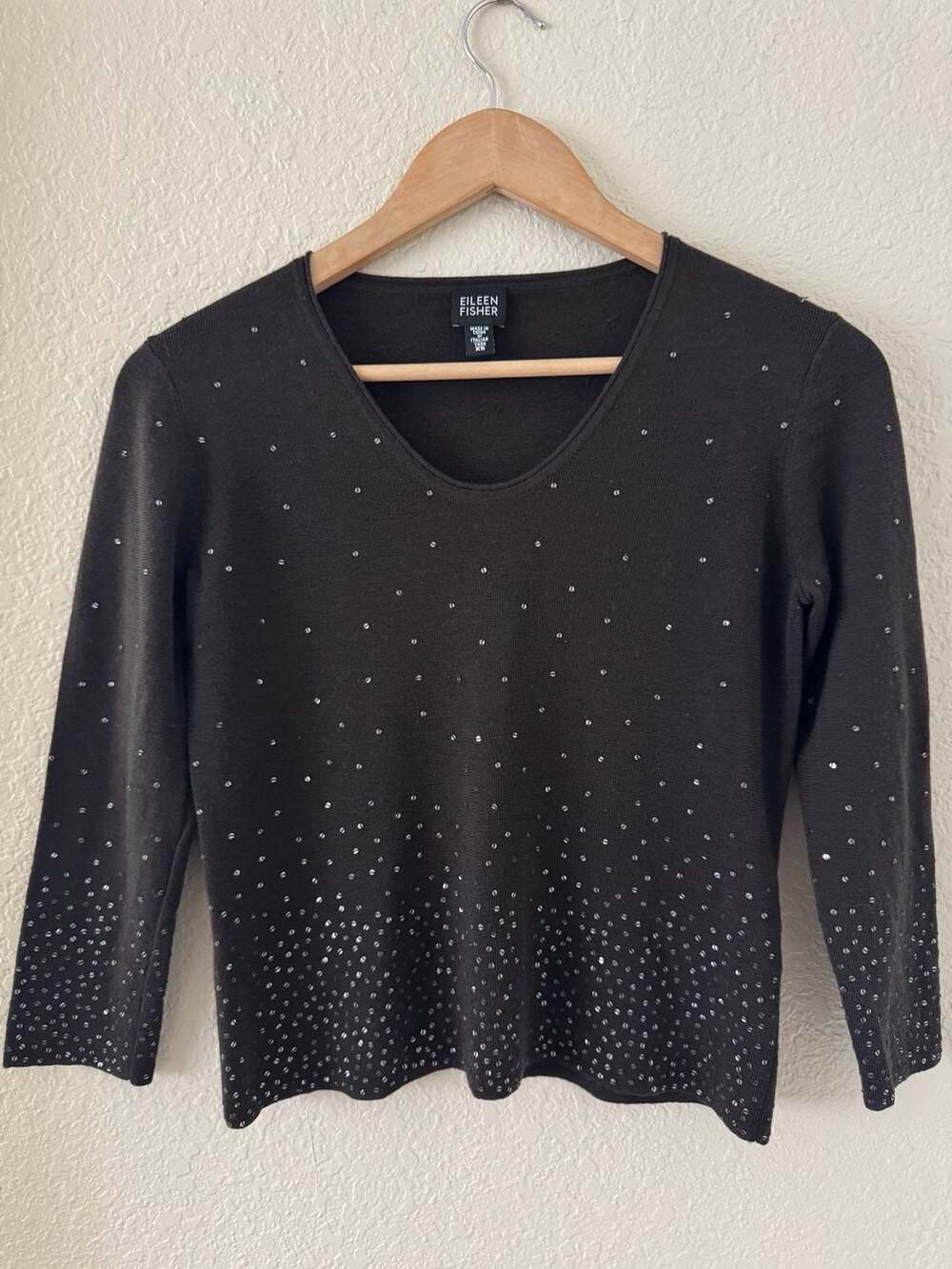 Eileen Fisher Italian Yarn Dark Brown Three Quarter Sleeve Sweater.